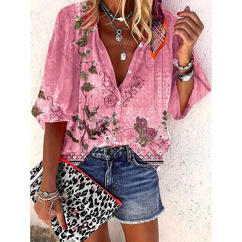 Women's Summer Tops Floral Graphic Bohemia Vintage Daily 3/4 Length Sleeve V Neck Regular Tops Daily Holiday Beach Wear Print Light Green Pink Rose Pink Summer Spring Fall2