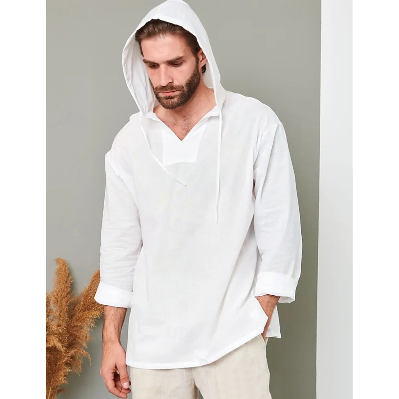 Men's Shirt Linen Shirt Popover Shirt Summer Shirt Beach Wear Hooded Shirt Solid Color Vacation Street White Light Green Blue Green Long Sleeve Hooded Summer Spring Clothing Apparel3