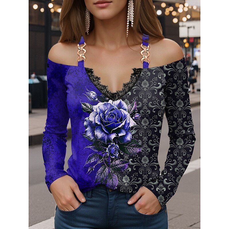 Women's T Shirt Graphic Rose Vintage Fashion Casual Long Sleeve Off Shoulder Regular Tops Daily Patchwork Print Yellow Red Blue Purple Green Summer Spring Fall2