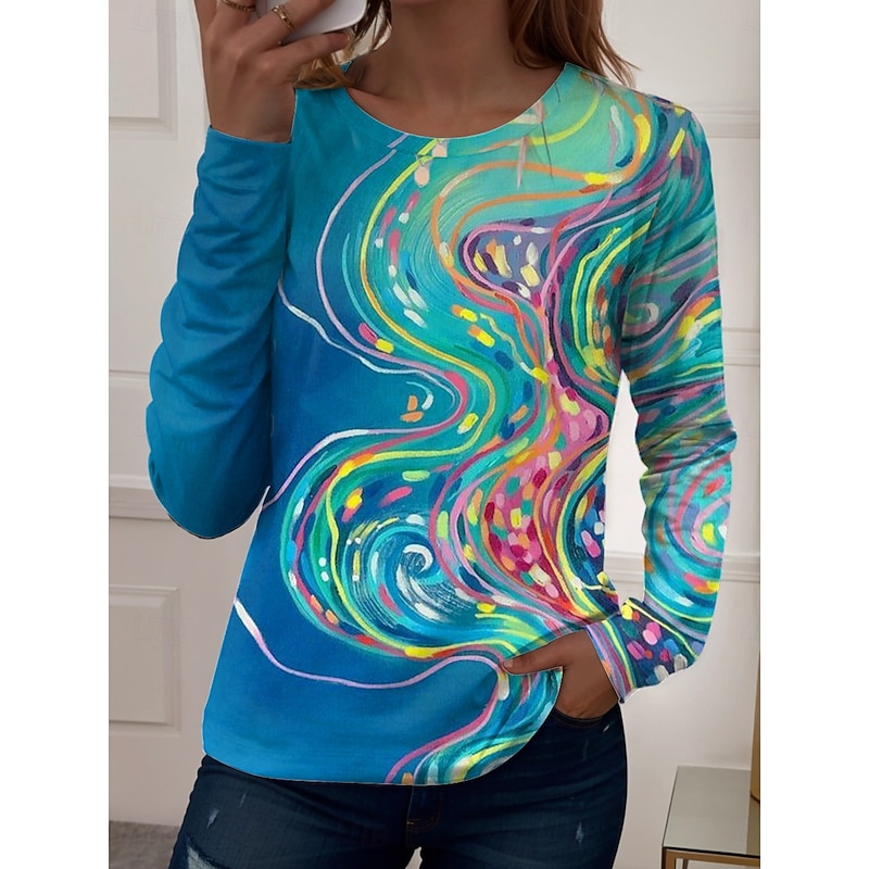 Women's T Shirt Graphic Geometric Vintage Stylish Casual Long Sleeve Crew Neck Regular Tops Daily Print Red Blue Purple Green Summer Spring Fall