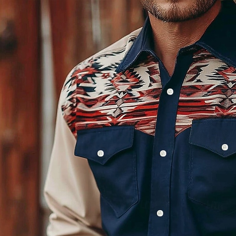 Men's Geometric Aztec Ethnic Shirt Western Shirt Cowboy Shirt Long Sleeve Vintage Retro Outdoor Casual WorkWear Spring Fall Turndown Front Two Pockets Linen Like Shirt Button Up Shirts Apricot2