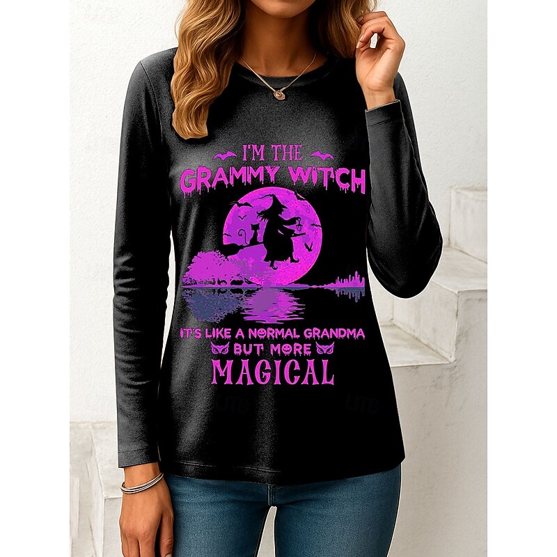 Halloween Women's T shirt Witch Long Sleeve Graphic Letter Vintage Fashion Stylish Long Sleeve Crew Neck Regular Tops Daily Weekend Print White Purple Orange Green Spring Fall Winter Prefall4