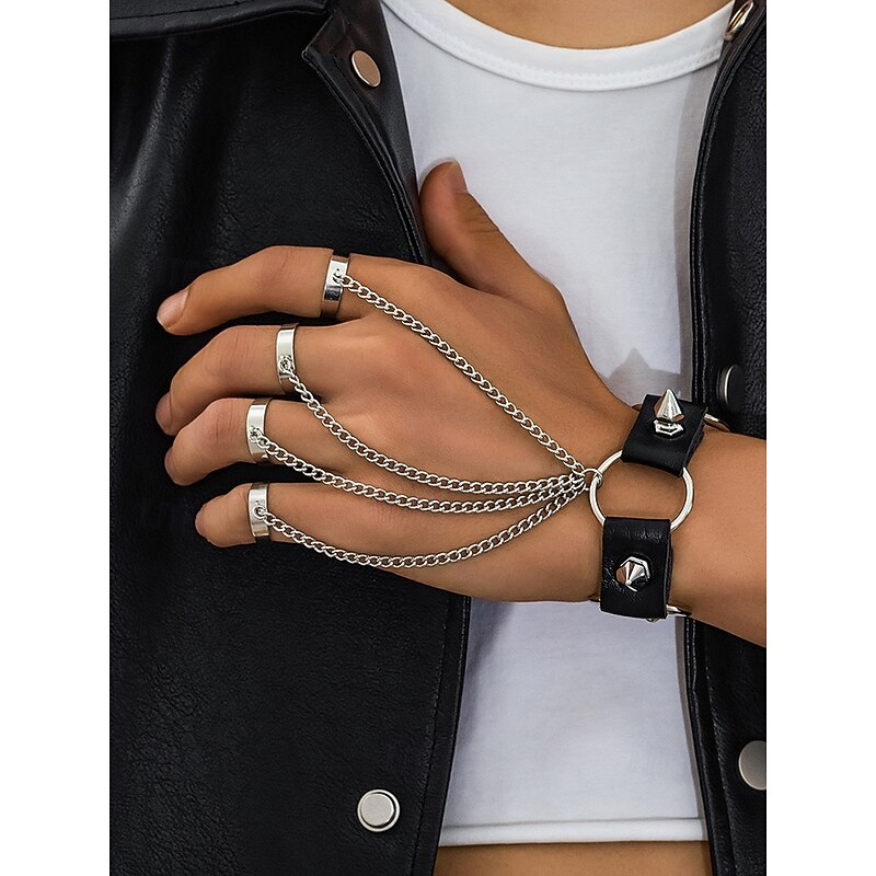 Men's Halloween Gothic Hand Strap Bracelet - Faux Leather Spiked Bracelet and Layered Chain, Adjustable Alloy Punk Rock Jewelry for Cosplay, Masquerade Parties, Concerts and Night Out3