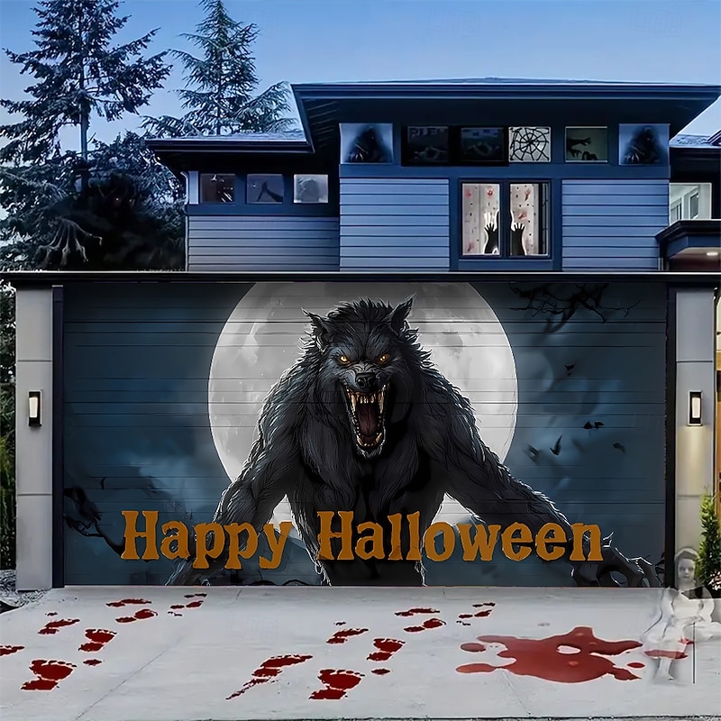 Halloween Garage Door Cover Large Hanging Backdrop Werewolf 3D Dark Punk Gothic Style Party Outdoor Shooting Backgrounds Yard Haunted House Home Decor