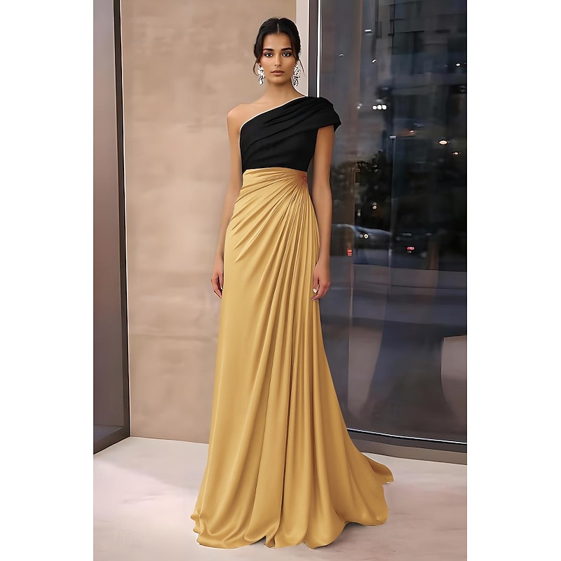 Black Tie Mermaid / Trumpet Evening Gown Elegant Dress Formal Wedding Floor Length Sleeveless One Shoulder Stretch Crepe Satin with Ruched