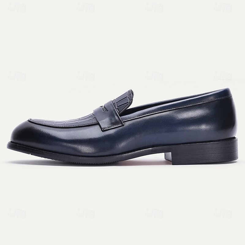 Men's Navy Blue Crocodile Print Penny Loafers – Elegant Leather Slip-On Shoes for Work, Travel and Business Casual Wear3