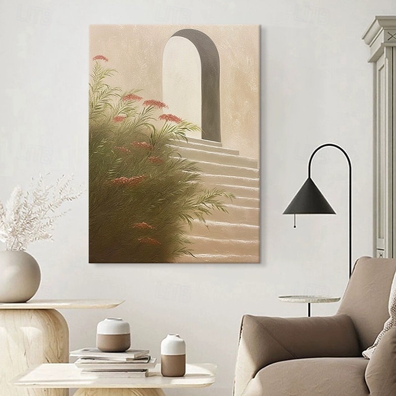 Handmade Oil Painting Canvas Wall Art Decoration Abstract Wabi-Sabi Style Fresh and Light Green Plants Landscape for Home Decor Rolled Frameless Unstretched Painting