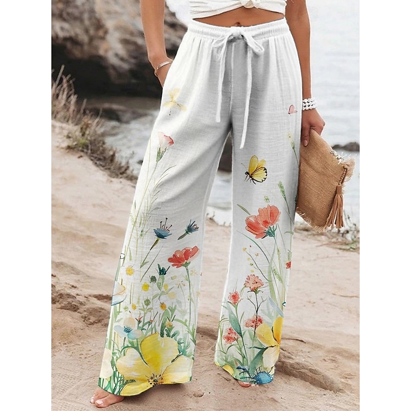Women's Wide Leg Pants Trousers Vacation Casual Long High Waist Floral Elastic Waist Printing High Cut Breathability Soft Micro-elastic Vacation Street Daily Wear Yellow Blue Green Spring Fall2