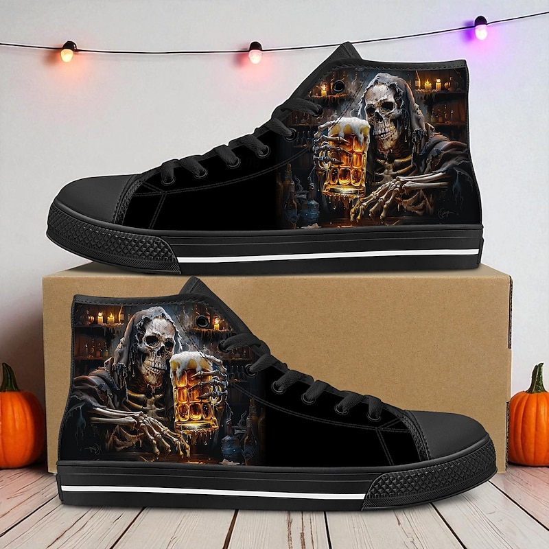 Men's High-Top Canvas Sneakers with Grim Reaper Beer Mug Print – Durable Casual Lace-Up Shoes for Halloween, Gothic Style & Night Events