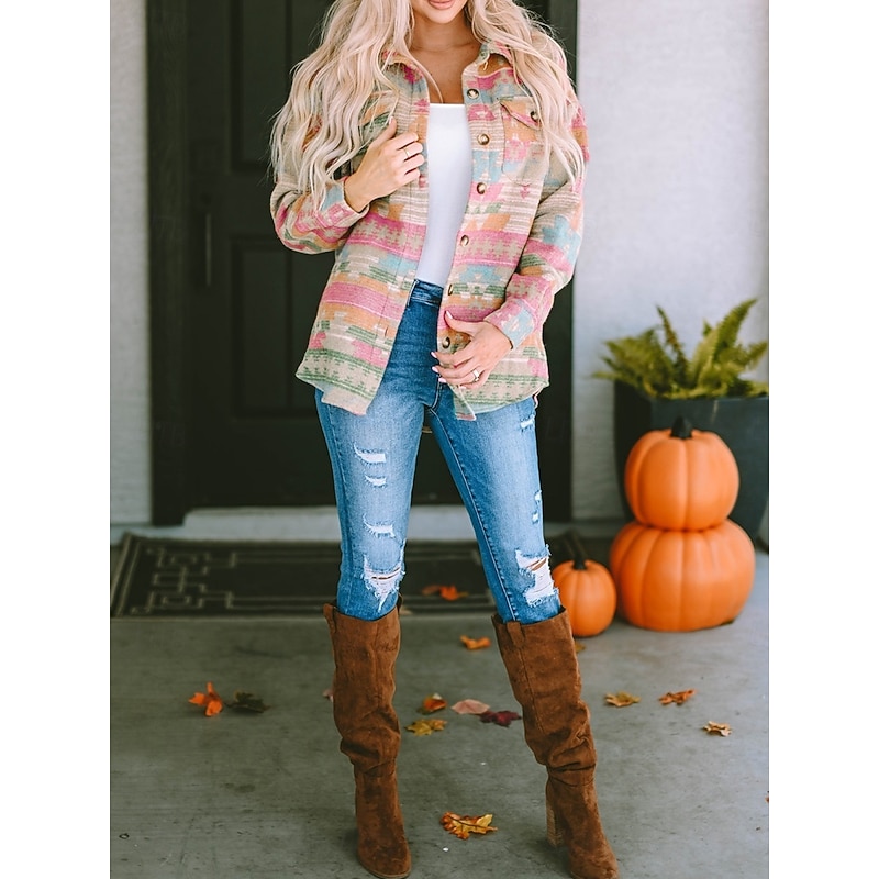 Women's Casual Jacket Comfortable Breathable Pocket Buttons Print Fashion Casual Geometric Vacation Street Casual Daily Wear Single Breasted Regular Turndown Regular Fit Long Sleeve Outerwear Pink3