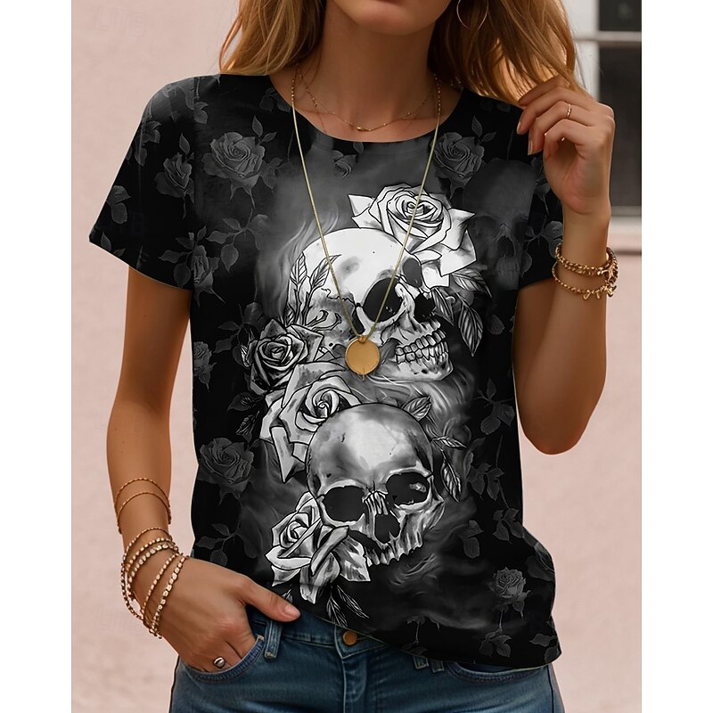Halloween Women's T Shirt Skulls Graphic Vintage Stylish Classic Short Sleeve Crew Neck Regular Tops Daily Weekend Print Black Red Light Brown Blue Orange Fall Winter4