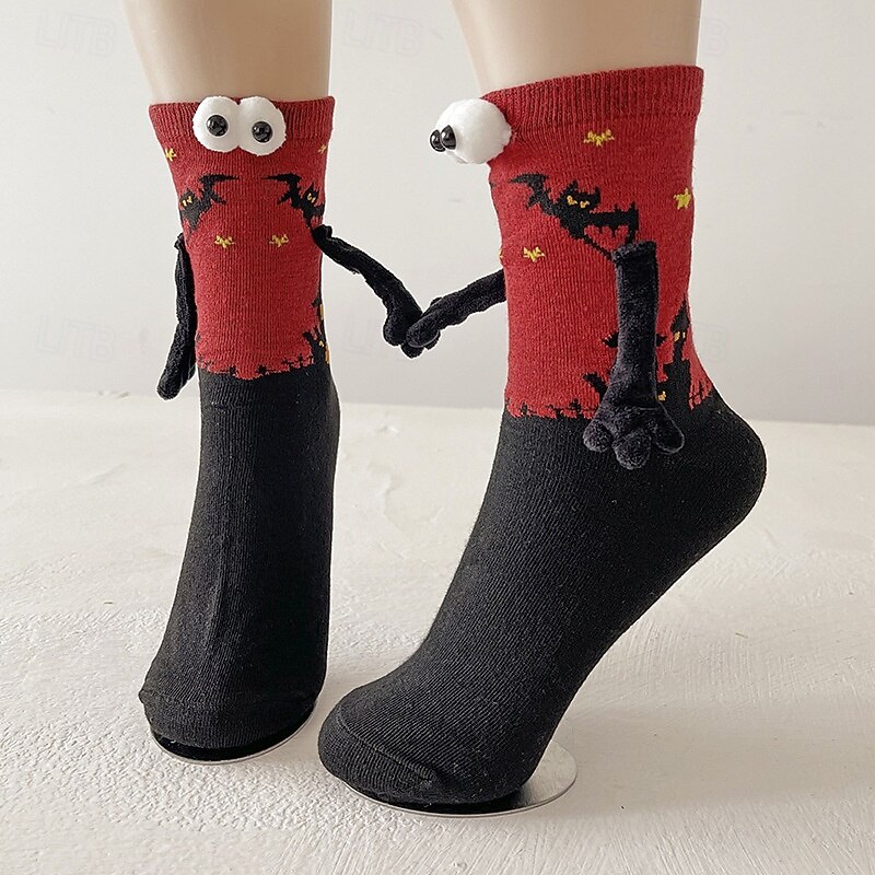 Halloween Animal Mid-Calf Socks, Geometric Funny Skull Socks, Happy Face Unisex Socks, Trendy Couple Hand-Holding Socks4