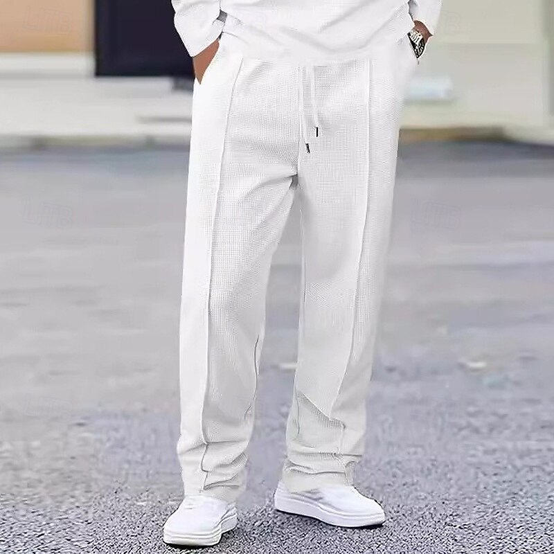 Men's Sweatpants Trousers Waffle Pants Open Bottom Sweatpants Drawstring Elastic Waist Straight Leg Plain Moisture Wicking Breathable Full Length Sports Outdoor Casual Daily Fashion Streetwear Black3