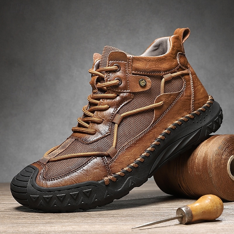 Men's Brown Leather High-Top Casual Sneakers with Stitch Detailing and Durable Rubber Sole – Fashion Comfort Shoes for Outdoor and Urban Wear