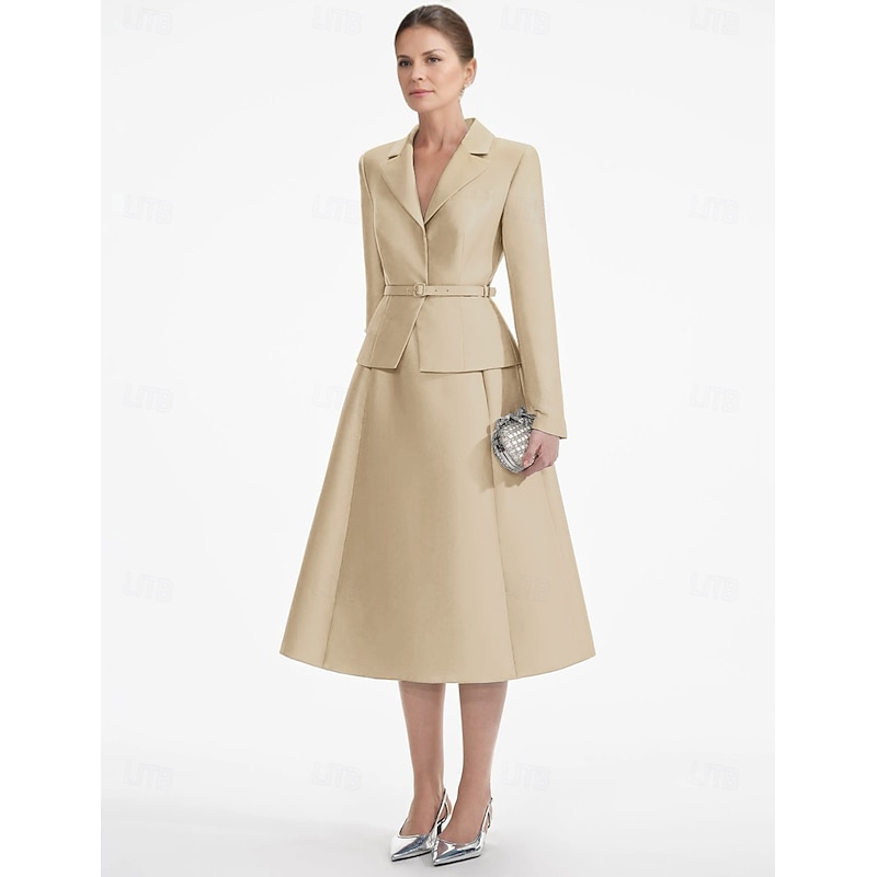 Tuxedo Dress A-Line Formal Wedding Guest Satin Elegant Long Sleeve Tea Length Notched Lapels2