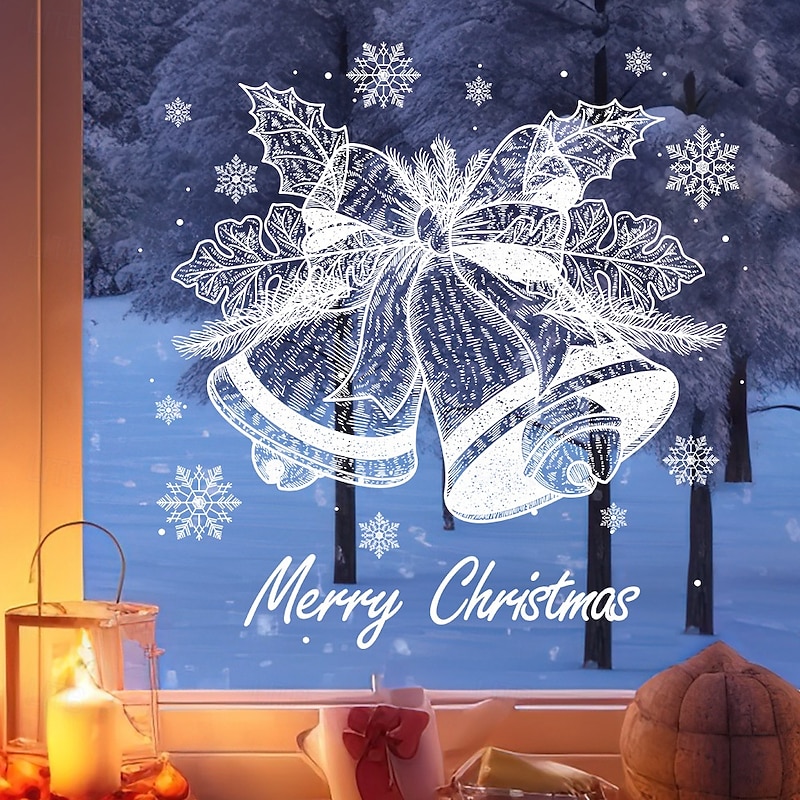 Christmas Window Clings Xmas Wall Sticker Holiday Decorations White Bell Snowflake Reusable Static Clings Non Adhesive Window Stickers Glass Door Room Festive Seasonal Home Decor