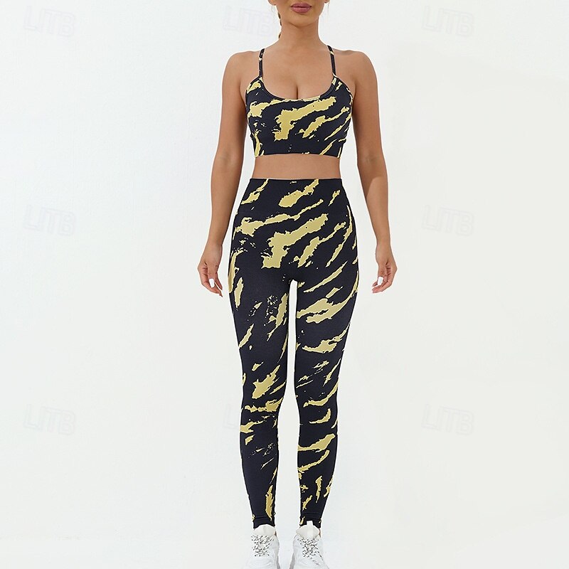 Women's 2 Pieces Yoga Sweatsuit Sports Bras Lounge Outfits  Printing Clothing Suit Dark Grey Black Gym Workout Athletic High Waist Stretchy Breathable Tummy Control Sleeveless Sport Activewear2