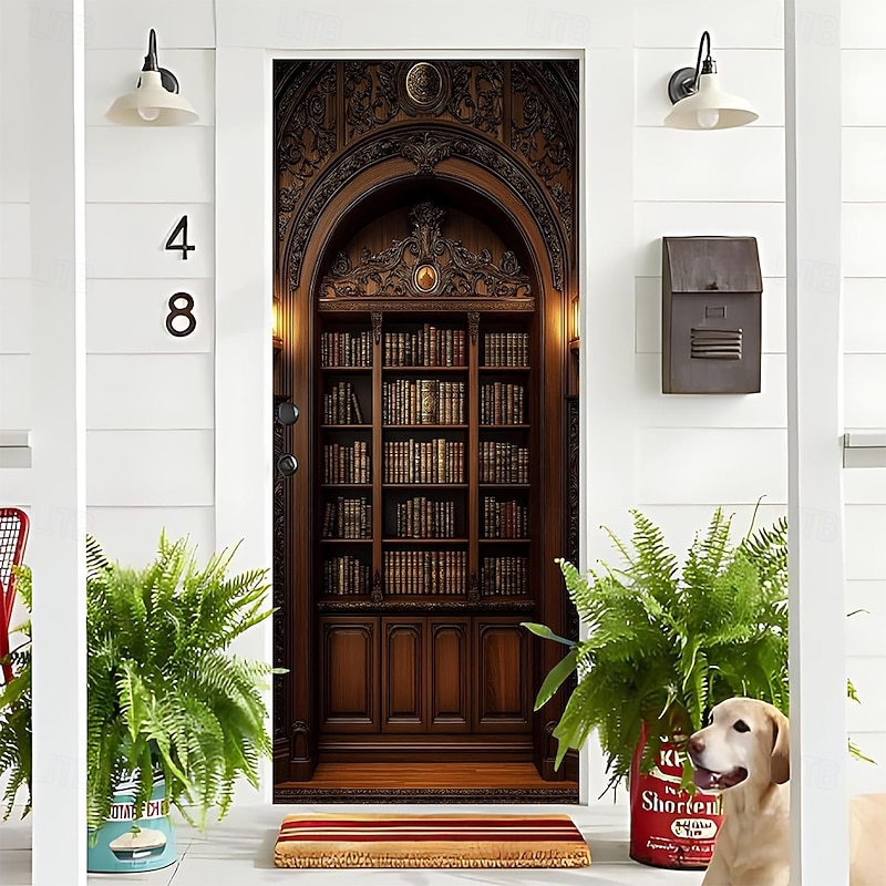 Door Cover Outdoor Banners Bookshelf Library 3D Dark Academia Bedroom Living Room Front Door Home Decor2
