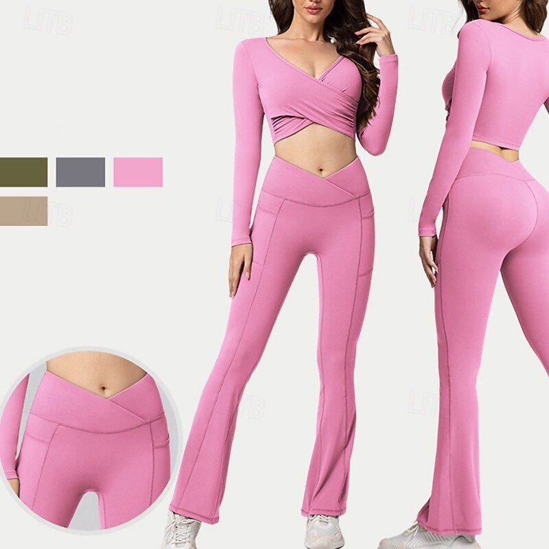 Women's Workout Jumpsuit 2 Piece Sports Set Fall Solid Color Clothing Suit Pink Green Gym Pilates Yoga Tummy Control Long Sleeve Sport Activewear Tight Fit