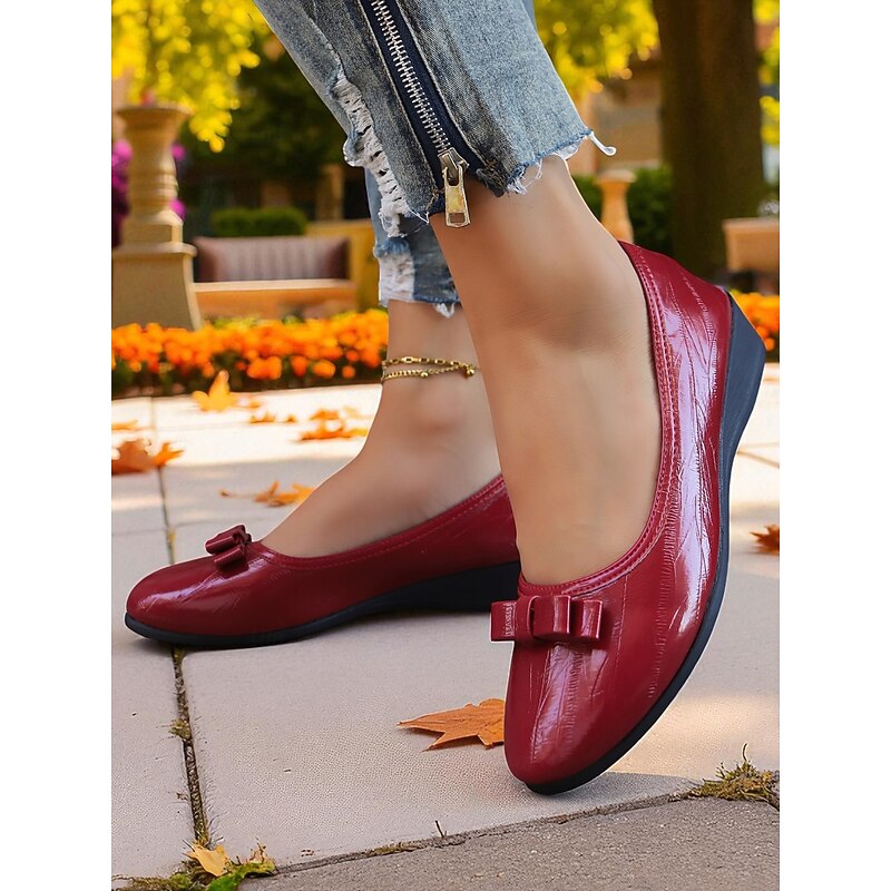 Women's Red Patent Faux Leather Ballet Flats with Bow Detail, Round Toe Slip-On Style, Comfortable Daily Shoes for Fall Casual Outfits and Office Wear2