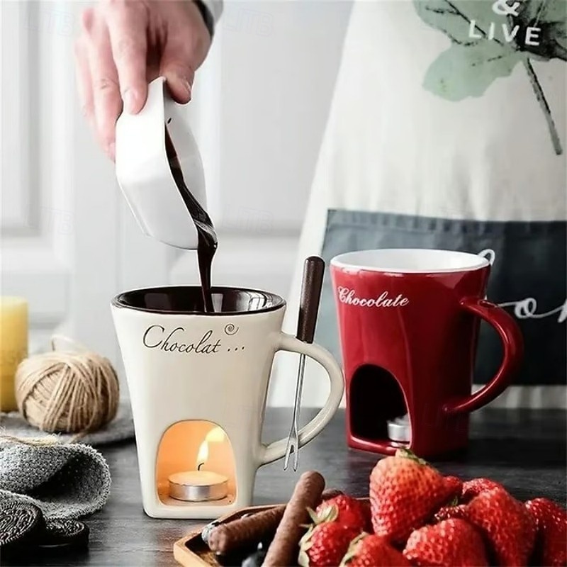 Chocolate Fondue Mug Ceramic Melting Pot With Forks Creative Mini Fondue Set For Cheese Chocolate Ice Cream Candle Heating Stove Dessert Serving Party Kitchen Tableware Gift3