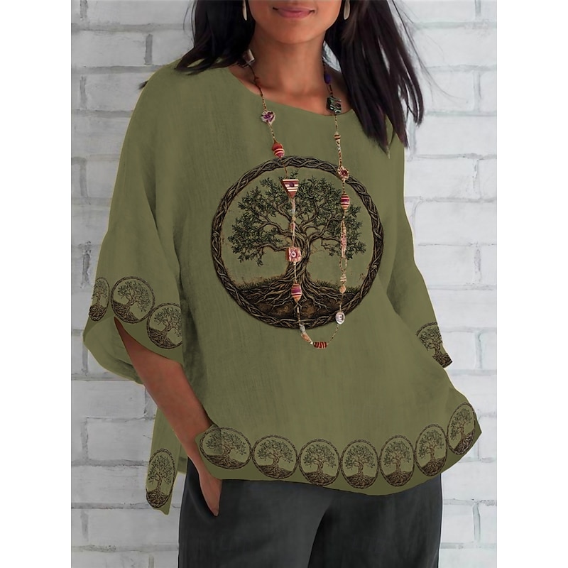 Women's Shirt Floral Daily Casual 3/4 Length Sleeve Crew Neck Regular Tops Daily Holiday Print Green Khaki Summer Spring Fall3