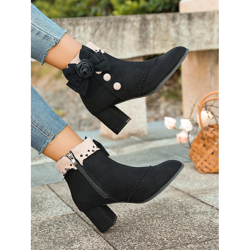 Women's Boots Chelsea Boots Daily Floral Booties Ankle Boots Flower Chunky Heel Pointed Toe Bohemia Suede Zipper Black2