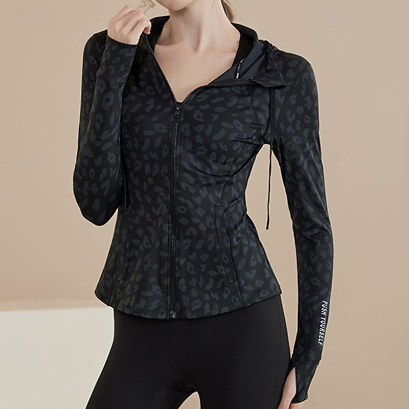 Women's Workout Jacket Stretchy Drawstring Long Sleeve Sports Leopard Top For Gym Zumba Running Slim Activewear2