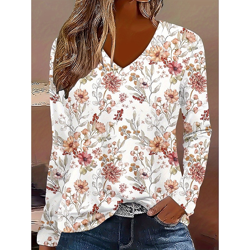 Women's T Shirt Floral Graphic Plants Vintage Stylish Classic Long Sleeve V Neck Regular Tops Daily Print Orange Spring Fall Winter