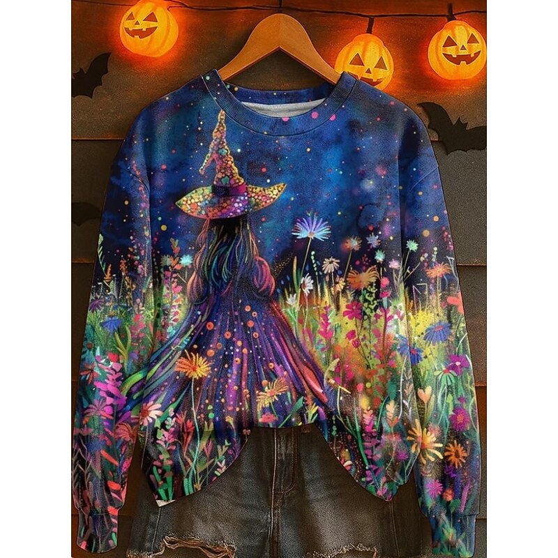 Halloween Women's Sweatshirts Witch Graphic Fashion Casual Long Sleeve Crew Neck Regular Tops Street Dailywear Casual Print White Pink Blue Purple Orange Fall Winter4