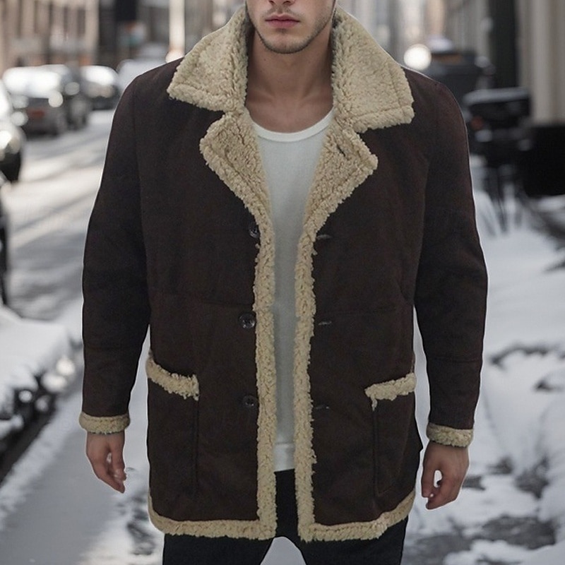 Men's Winter Jacket Sherpa Jacket Vacation Daily Thermal Warm Pocket Fleece Winter Plain Fashion Streetwear Lapel Regular Black Yellow Red Coffee Jacket3