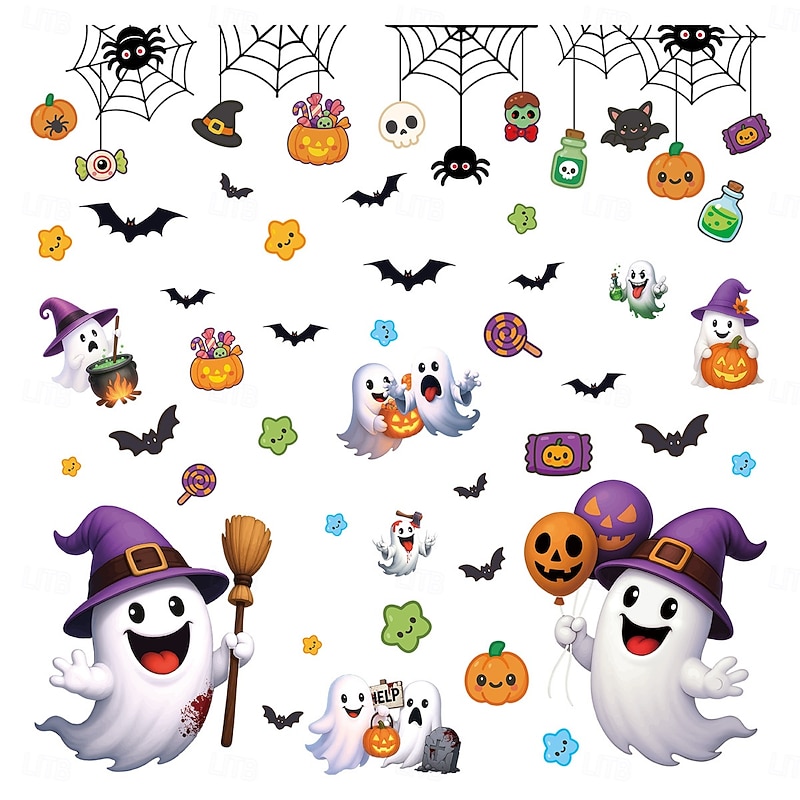 2 Sheets Halloween Window Cling Wall Sticker Decals Decorations, Creative Cartoon Spiders, Ghosts, Pumpkins & Bats, Static Cling, Halloween Party Home Decor3