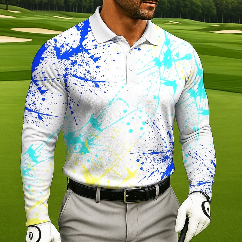 Men's Golf Splash Ink Polo Long Sleeve Polo Shirts Lapel Sportswear Casual Athleisure Daily Wear 3D Print Buttons Spring Fall Winter Black White2