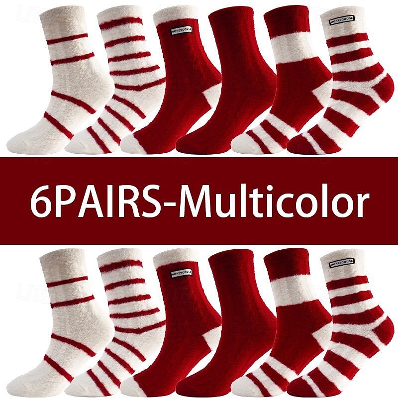 Winter Thermal Socks for Women, Thick Fuzzy Cotton Crew Socks with Plush Lining, Warm Red Striped Indoor Floor Socks, Cozy Home Sleep Socks for Cold Weather4