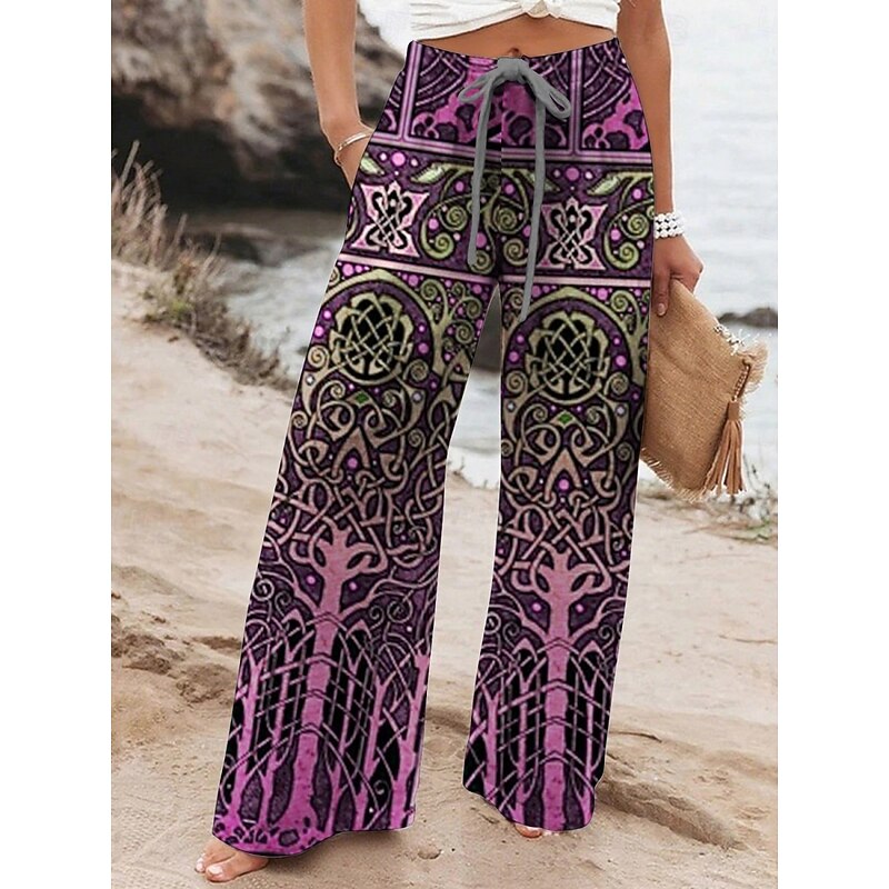 Women's Wide Leg Pants Trousers Vintage Ethnic Style Long High Waist Graphic Prints Elastic Waist Printing High Cut Breathability Soft Micro-elastic Vacation Street Daily Wear Red Blue Purple Green3