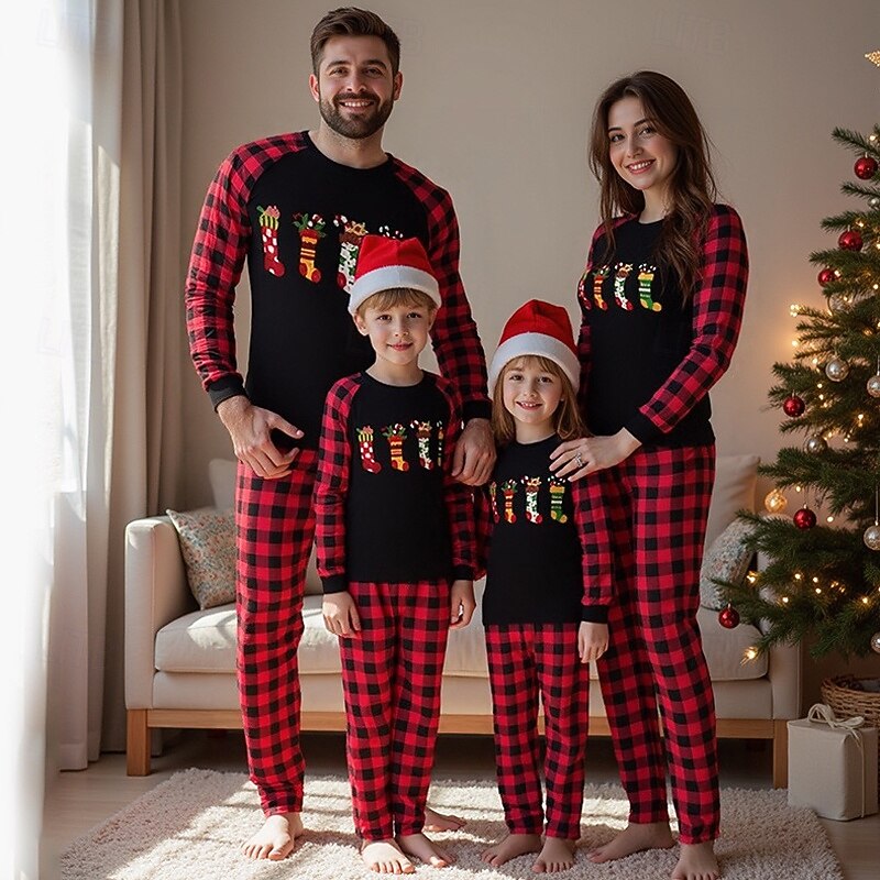 Family Pajamas Plaid Christmas Pattern Home Patchwork Black Long Sleeve Active Matching Outfits
