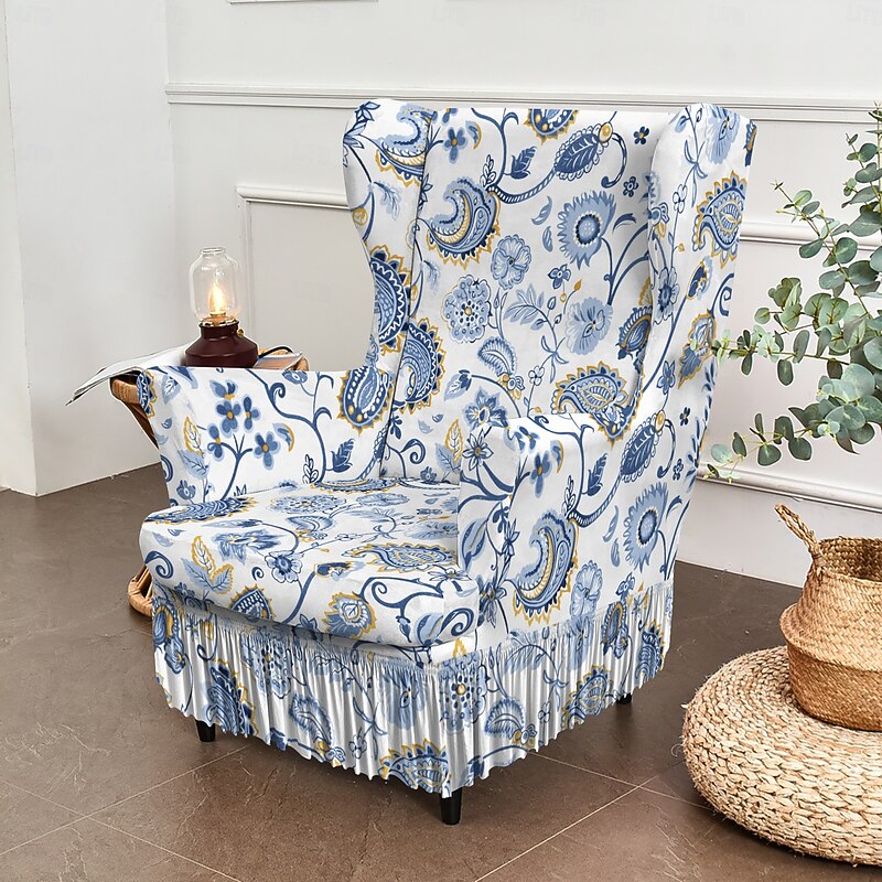 Wingback Chair Slipcovers - Floral/Striped/Geometric Print Stretch Polyester Covers | Anti-Slip Furniture Protectors for Living Room, Dining Chairs (Fits Most Styles)4