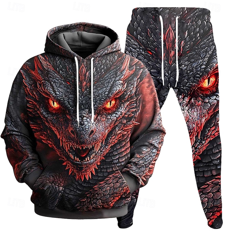 Men's Dragon 2pcs 3D Sweatshirt Sets Tracksuit Hoodie Sweatshirt Long Sleeve Long pants Hooded Casual Daily Athleisure 3D Print Spring Fall Winter Red
