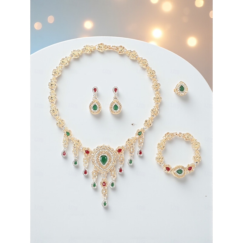 Women's Vintage Crystal Jewelry Set - 1920s Gatsby Style Green and Red Gem Necklace, Earrings, and Bracelet for Roaring Twenties Parties and Formal Events4