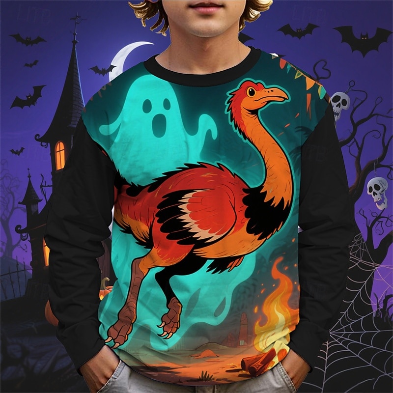 Halloween Boys' 3D Animal Cartoon Ghost T shirt Tee Long Sleeve Spring Fall Fashion Basic Kids 4-12 Years Crew Neck Outdoor Casual Daily Regular Fit