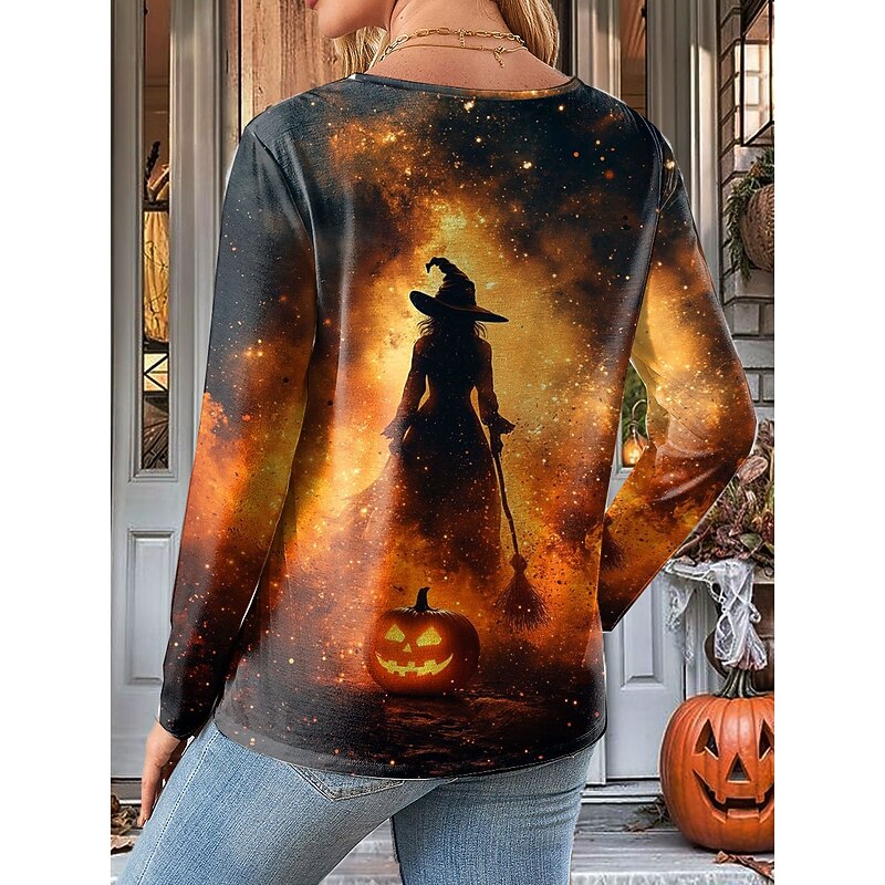 Halloween Women's T shirt Witch Long Sleeve Graphic Pumpkin Vintage Fashion Stylish Long Sleeve Crew Neck Regular Tops Daily Print Pink Blue Orange Green Fall Winter Prefall2