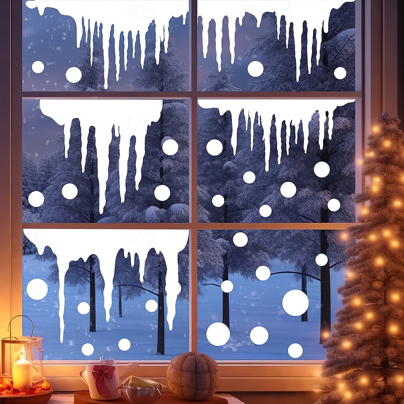 Christmas Window Cling Wall Sticker, Icicle Snowball Glass Stickers, Removable No-Glue Static Clings for Mall Decoration Holiday Party Home Decor