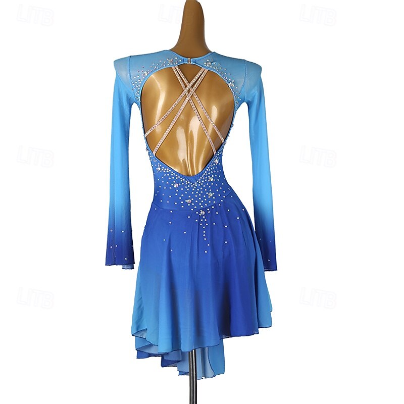 Figure Skating Dress Women's Girls' Ice Skating Dress Royal Blue Patchwork Open Back Mesh Spandex High Elasticity Training Practice Professional Skating Wear Classic Crystal / Rhinestone Long Sleeve3