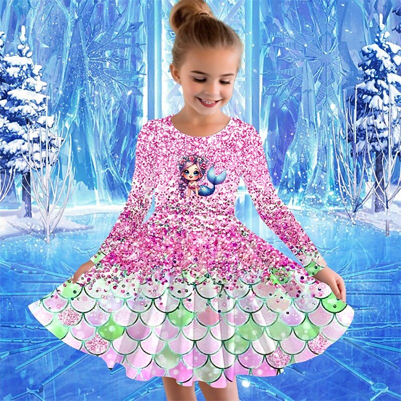 Girls' 3D Cartoon Mermaid Dress Long Sleeve Summer Spring Vacation Daily Holiday Princess Beautiful Sweet Kids 4-12 Years Casual Dress A Line Dress Knee-length Regular Fit2