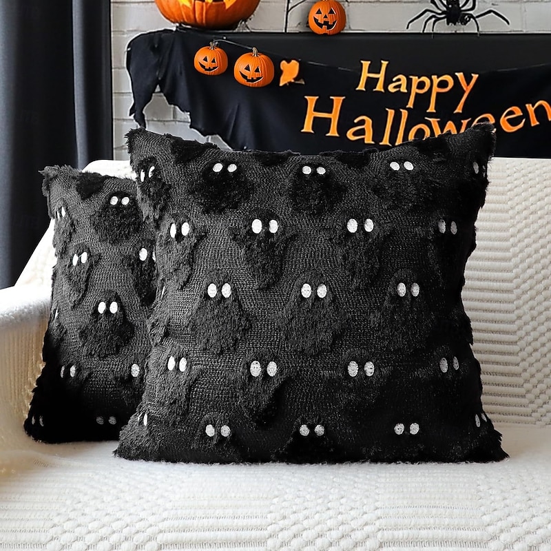 Halloween Plush Pillow Cover, 3D Pumpkin Ghost Bat Cushion Case, Soft Decorative Throw Pillow for Sofa, Living Room, Holiday Home Decor3
