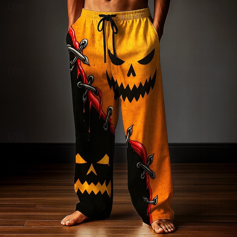 Halloween Men's Pumpkin Halloween Costumes Trousers Baggy Pants Casual Pants Mid Waist Dark Gothic Style Holiday Elastic Drawstring Waist Linen-Like Pants with Pockets Spring Fall 3D Print Orange