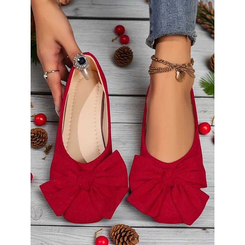 Women's Red Ballet Flats with Large Bow – Elegant Square Toe Dress Shoes for Parties, Christmas and Everyday Outfits