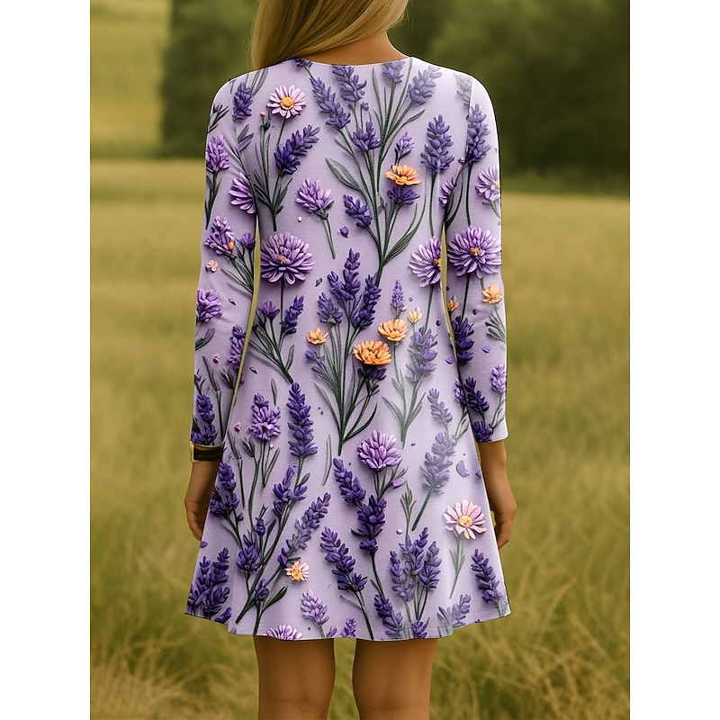 Women's Mini Dress Crew Neck Long Sleeve Casual Dress T Shirt Dress Tee Dress A Line Dress Casual Regular Fit Floral Graphic Scoop Neck Black Blue Purple Green Spring Fall Winter2