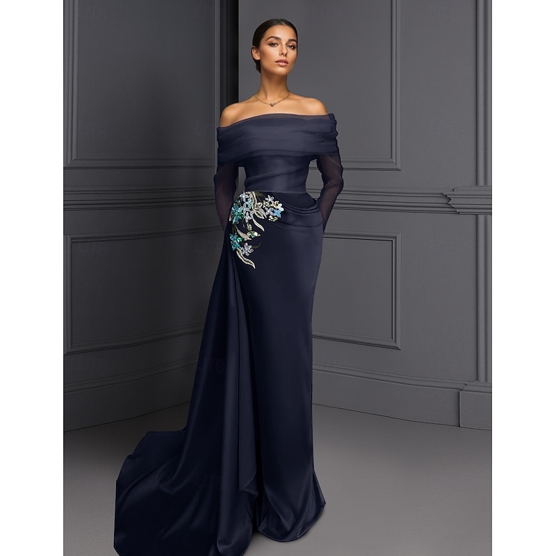 Blue Black Column Evening Gown Elegant Dress Formal Wedding Floor Length Long Sleeve Illusion Neck Stretch Satin with Ruched Beading Slit 20254