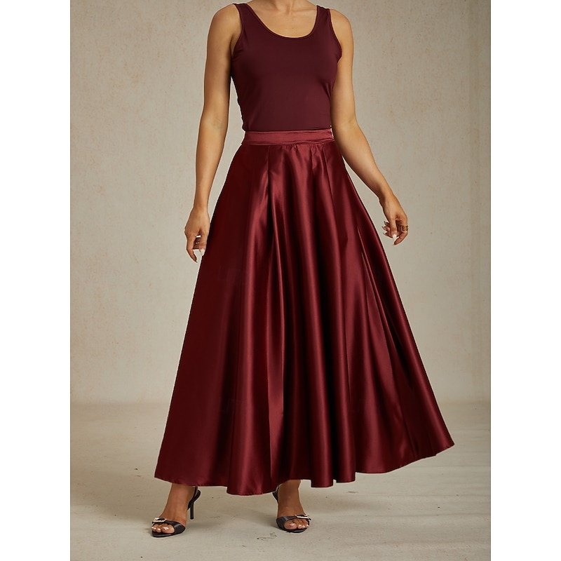 Women's Skirt Elegant Vintage Fashion Maxi Mid Waist Skirts Ruched Pleated Pocket Micro-elastic New Year Party Evening Wear Wine Red Spring 100% Polyester